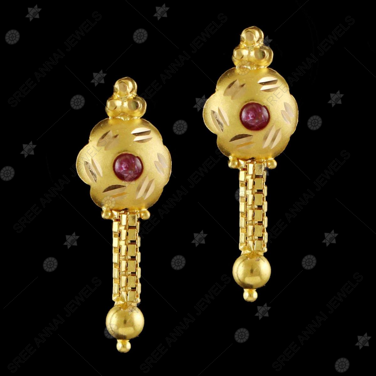 22K Gold Jhumkas - Gold Dangle Earrings with Ruby - 235-GJH268 in 12.500  Grams