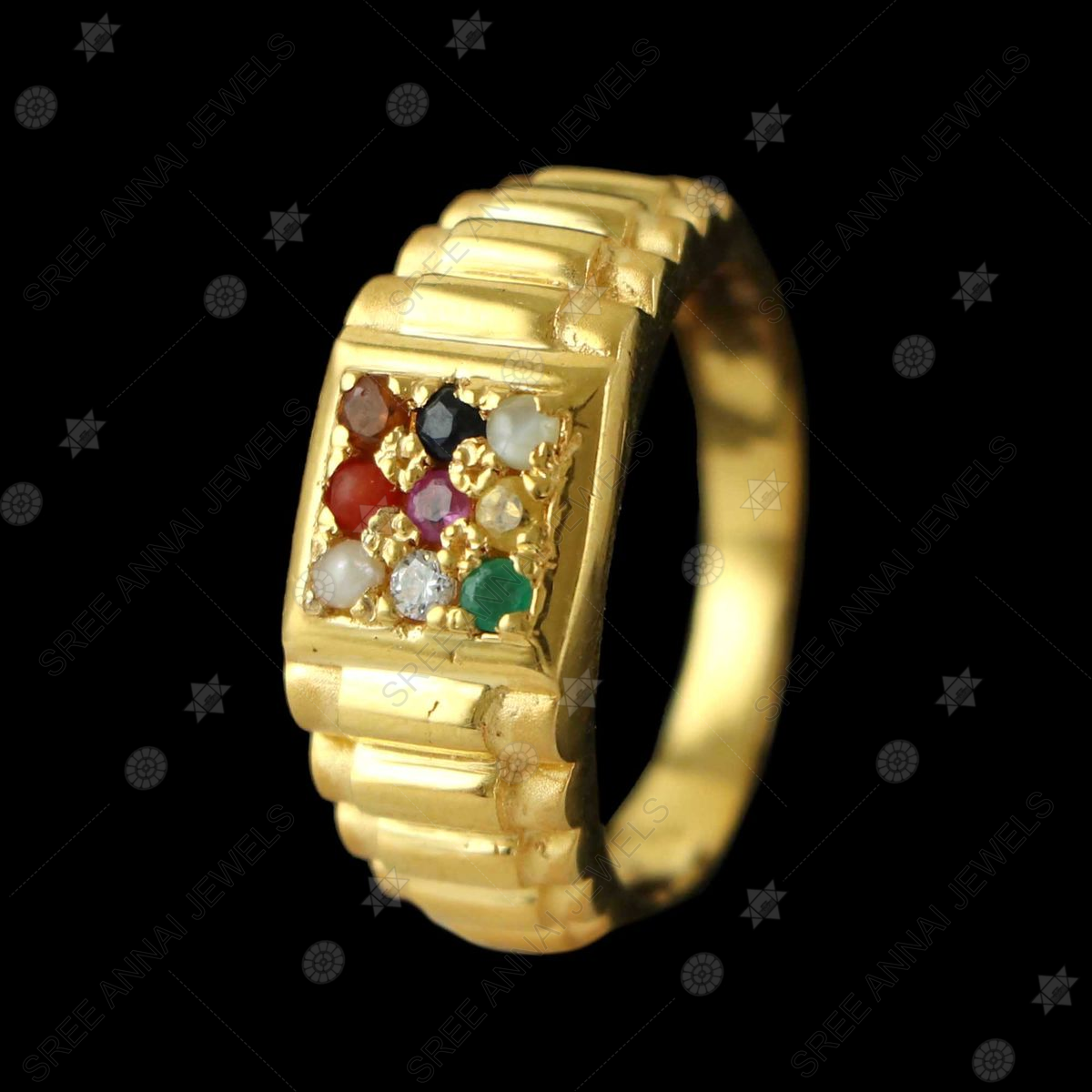 Gold Mens Navratna Ring - RiMs11198 - 22k gold mens Navaratna ring with  multicolor stones studded (Ruby, Emerald, sapphire, coral, cats ey