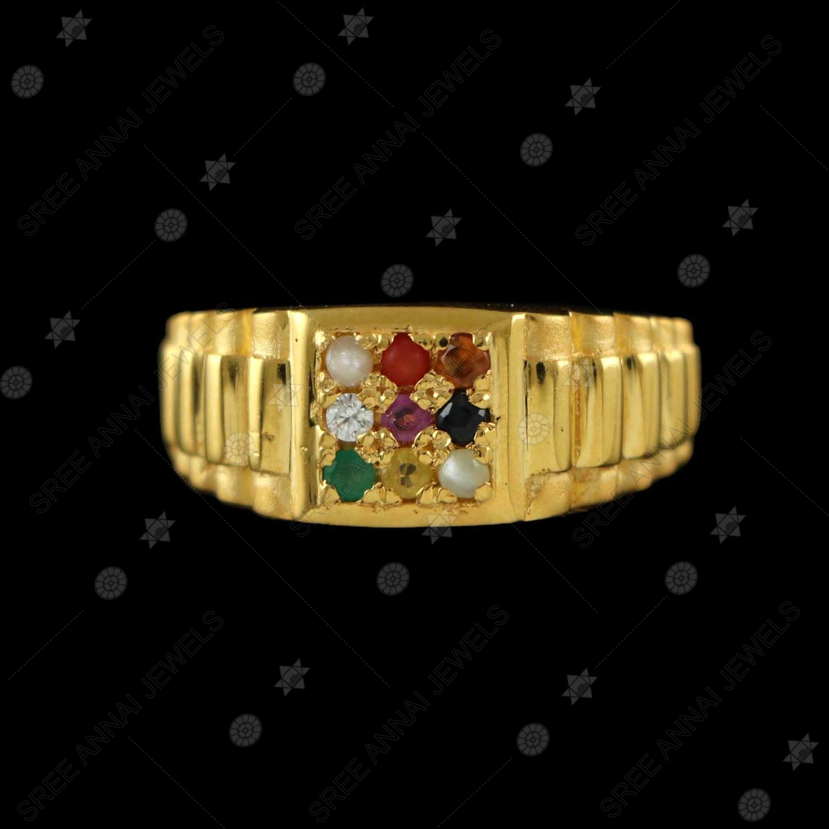 22K Navratan Men Ring - RiMs3859 - 22K Gold Navratan Ring studded with  ruby, emerald, sapphire, cubic zercon ,coral, pearl, garnet, cat