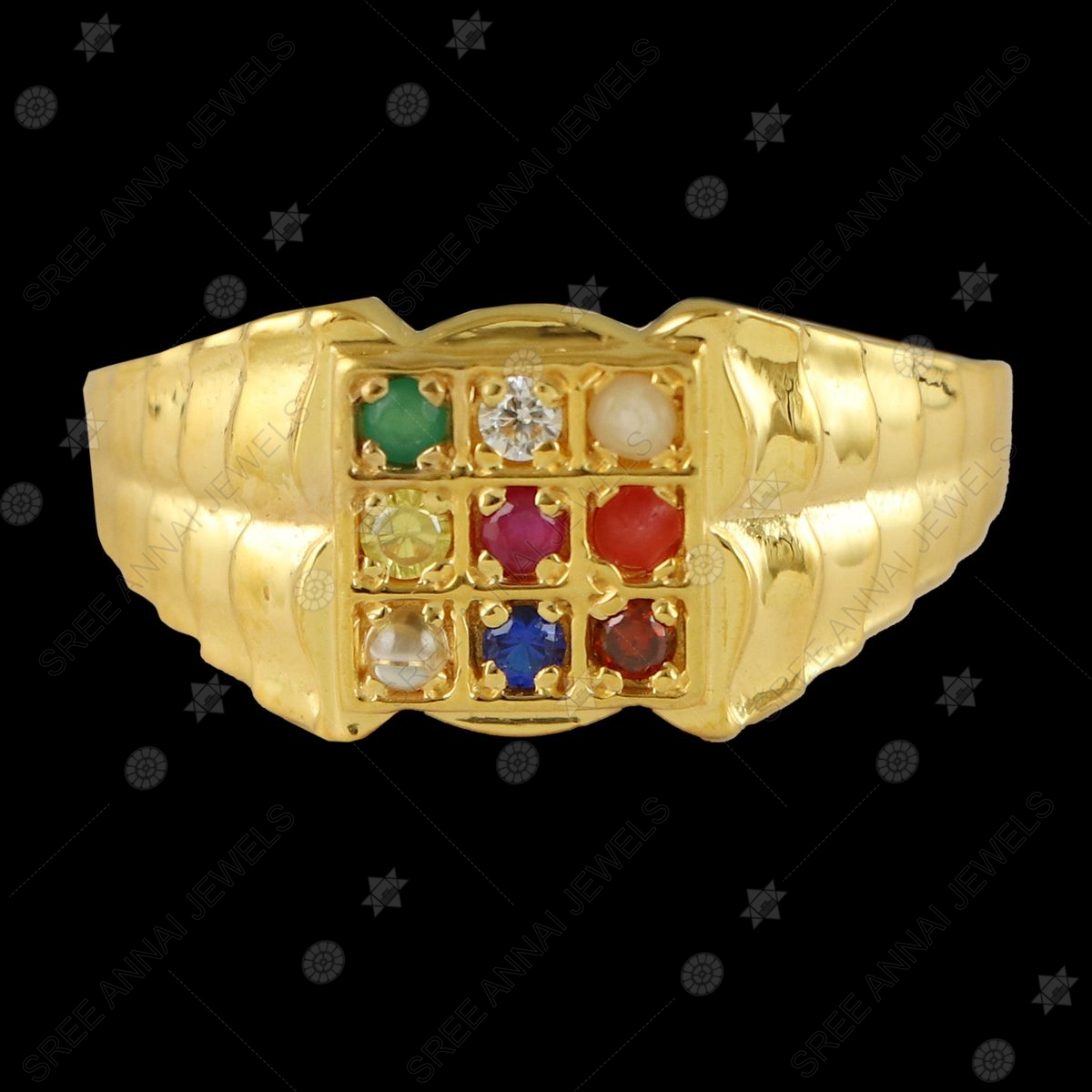 Sculptural Diamond Navaratna Ring Set in 22KT Gold